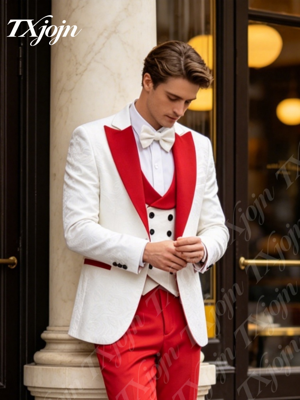 Premium White Jacquard 3PCS Fo - đánh giá và giá Men Formal Wear Red