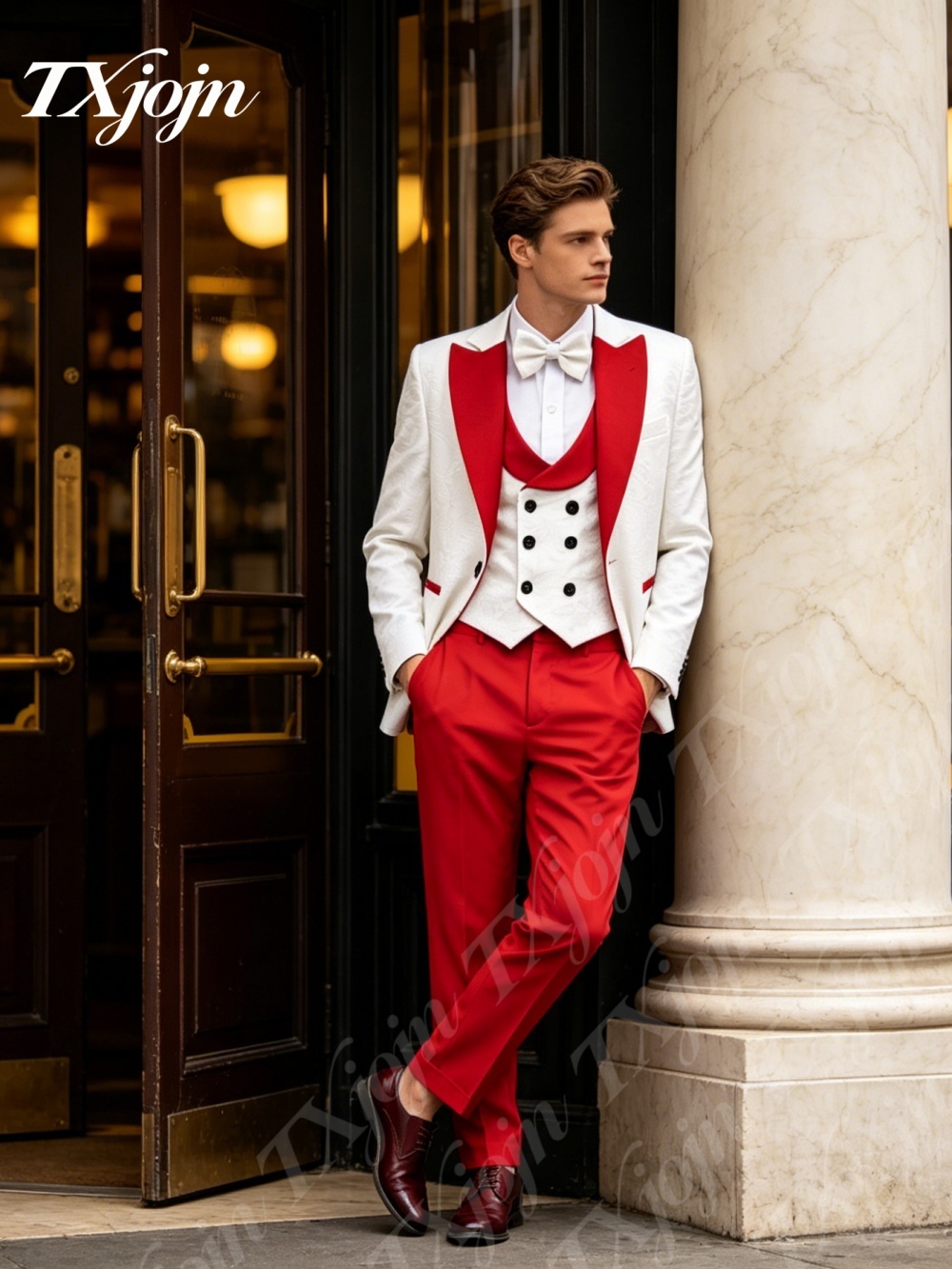Premium White Jacquard 3PCS Fo - đánh giá và giá Men Formal Wear Red