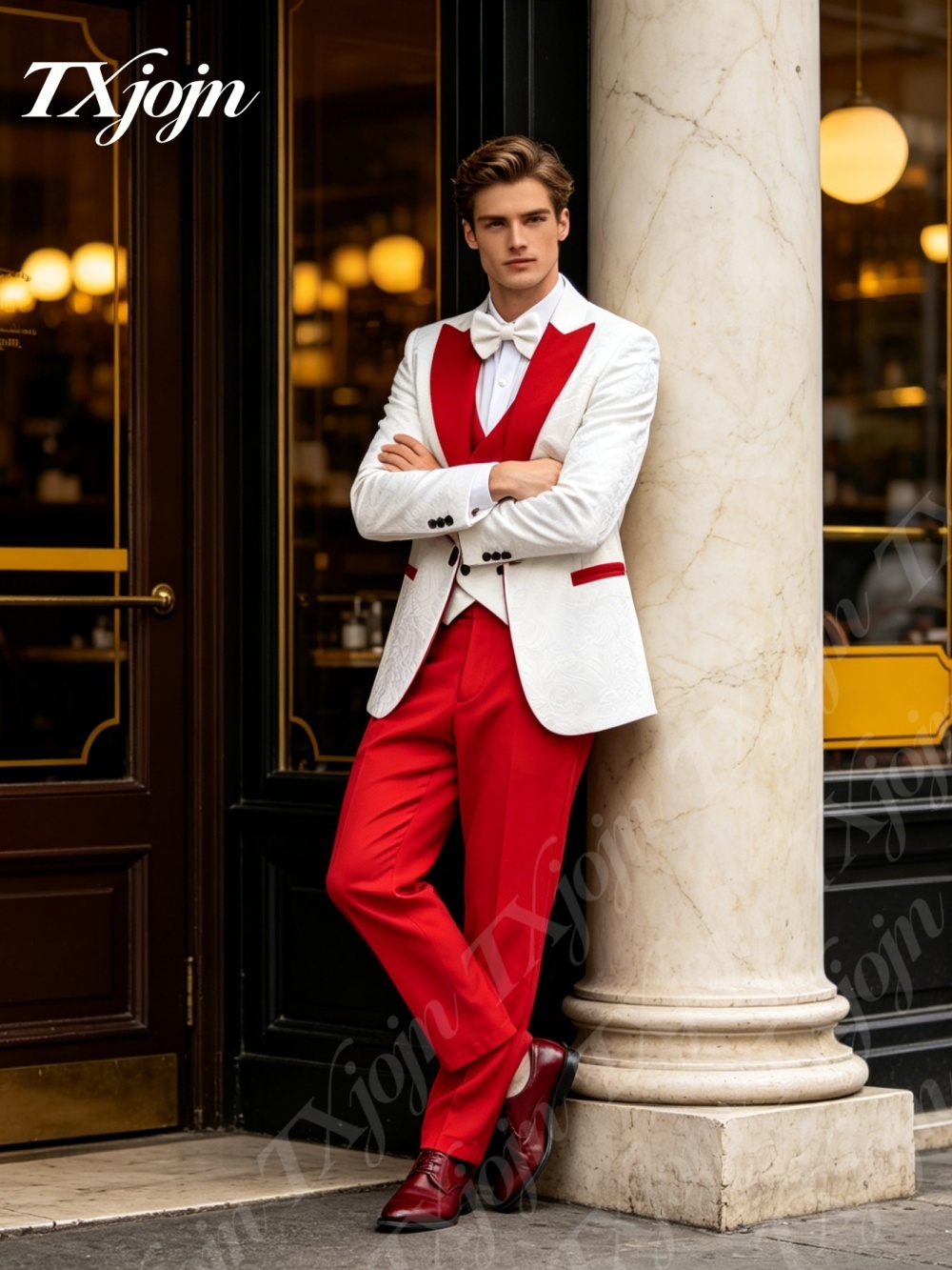 Premium White Jacquard 3PCS Fo - đánh giá và giá Men Formal Wear Red